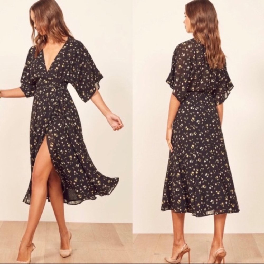 Reformation Black Floral Midi Dress